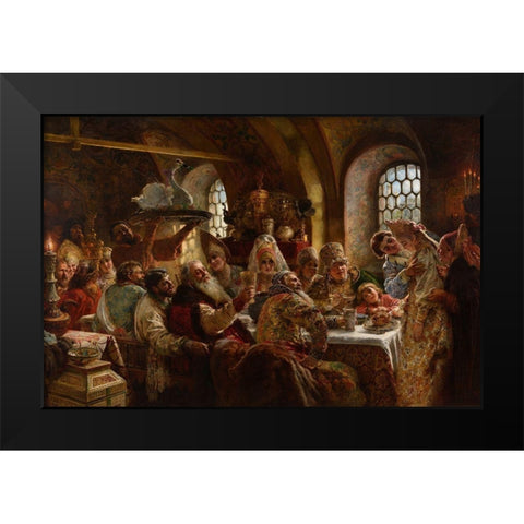 A Boyar Wedding Feast Black Modern Wood Framed Art Print by Makovsky, Konstantin
