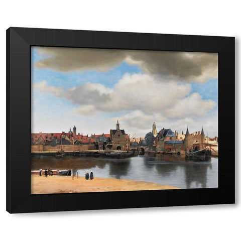 View of Delft Black Modern Wood Framed Art Print with Double Matting by Vermeer, Johannes