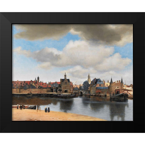 View of Delft Black Modern Wood Framed Art Print by Vermeer, Johannes
