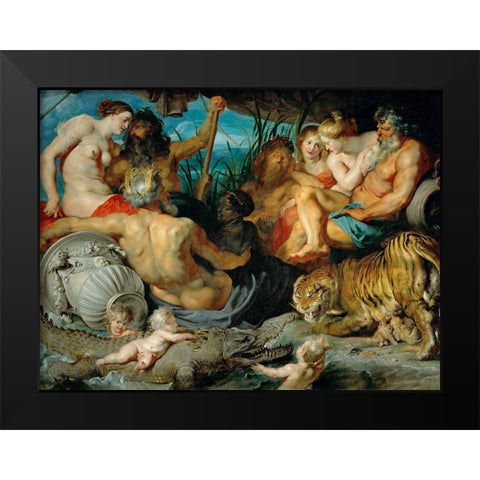 The Four Rivers of Paradise Black Modern Wood Framed Art Print by Rubens, Peter Paul