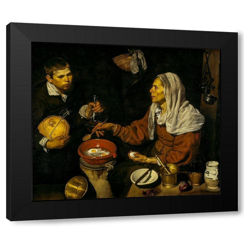 Old Woman Frying Eggs Black Modern Wood Framed Art Print with Double Matting by Velazquez, Diego