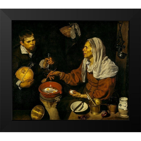 Old Woman Frying Eggs Black Modern Wood Framed Art Print by Velazquez, Diego