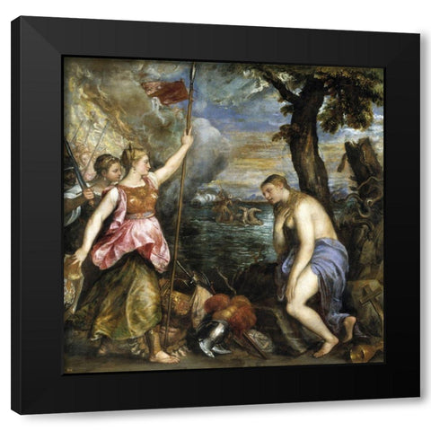 Religion saved by Spain Black Modern Wood Framed Art Print with Double Matting by Titian