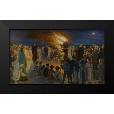 Midsummer Eve Bonfire on Skagen Beach Black Modern Wood Framed Art Print by Kroyer, Peder Severin