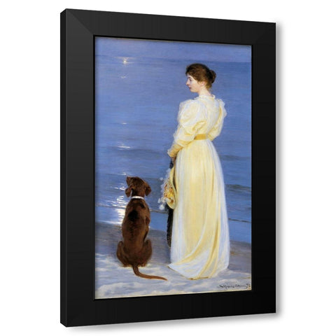 Summer Evening at Skagen. The Artists Wife and Dog by the Shore Black Modern Wood Framed Art Print by Kroyer, Peder Severin