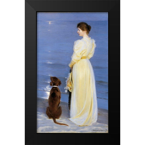 Summer Evening at Skagen. The Artists Wife and Dog by the Shore Black Modern Wood Framed Art Print by Kroyer, Peder Severin