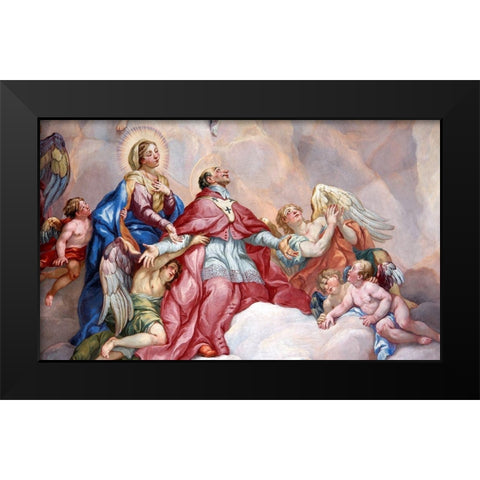 Intercession of Charles Borromeo supported by the Virgin Mary Black Modern Wood Framed Art Print by Rottmayr, Johann Michael