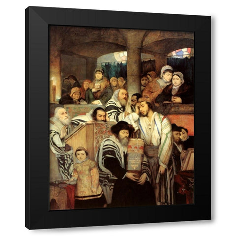 Jews Praying in the Synagogue on Yom Kippur Black Modern Wood Framed Art Print by Gottlieb, Maurycy