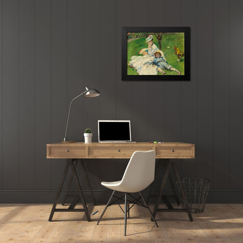 Madame Monet and Her Son Black Modern Wood Framed Art Print by Renoir, Pierre-Auguste