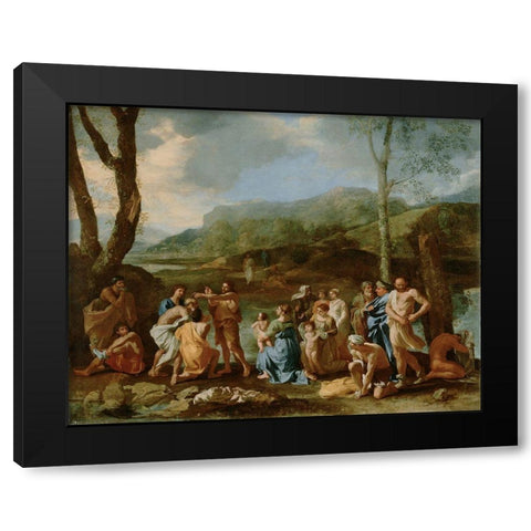 Saint John Baptizing in the River Jordan Black Modern Wood Framed Art Print with Double Matting by Poussin, Nicolas