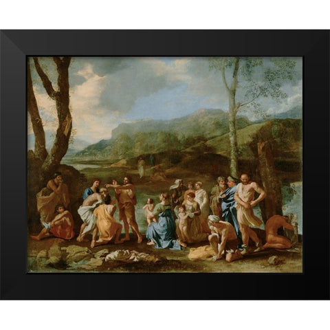 Saint John Baptizing in the River Jordan Black Modern Wood Framed Art Print by Poussin, Nicolas
