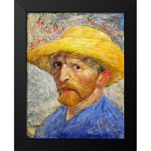 Self-portrait with Straw Hat Black Modern Wood Framed Art Print by van Gogh, Vincent
