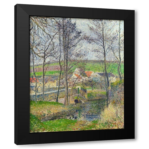 The banks of the Viosne at Osny in grey weather, winter Black Modern Wood Framed Art Print by Pissarro, Camille