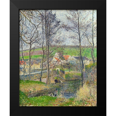 The banks of the Viosne at Osny in grey weather, winter Black Modern Wood Framed Art Print by Pissarro, Camille