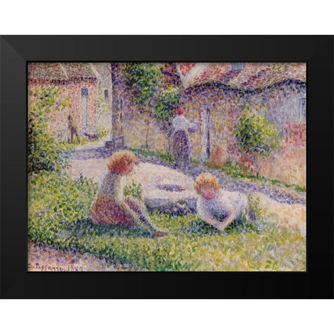 Children on a farm Black Modern Wood Framed Art Print by Pissarro, Camille