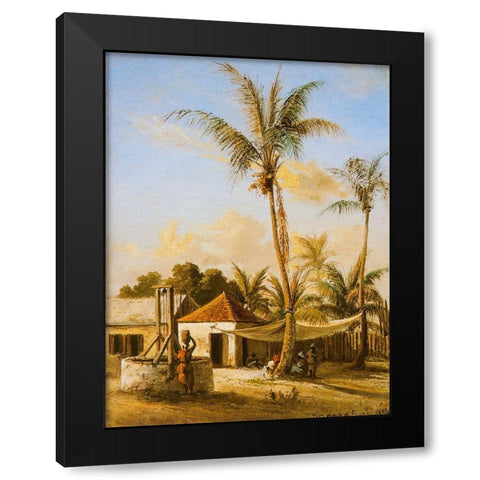 Figures Resting by a Village Well Black Modern Wood Framed Art Print with Double Matting by Pissarro, Camille