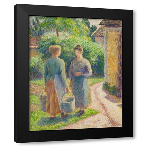 Two Women in a Garden Black Modern Wood Framed Art Print by Pissarro, Camille