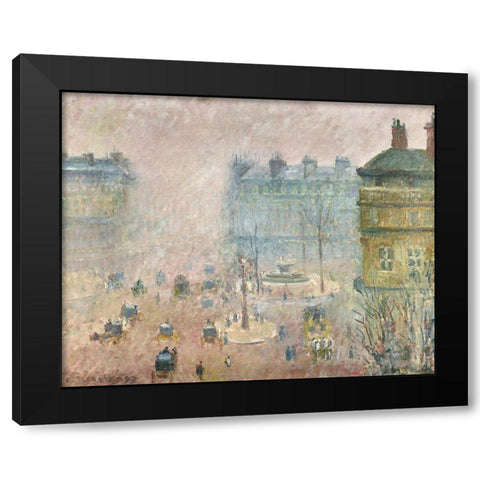 Place du Theatre Francais, Fog Effect Black Modern Wood Framed Art Print by Pissarro, Camille