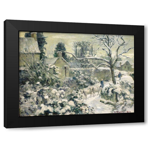Snowscape with Cows at Montfoucault Black Modern Wood Framed Art Print by Pissarro, Camille