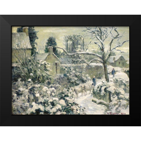 Snowscape with Cows at Montfoucault Black Modern Wood Framed Art Print by Pissarro, Camille