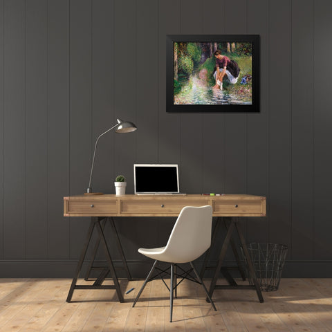 Woman Washing Her Feet in a Brook Black Modern Wood Framed Art Print by Pissarro, Camille