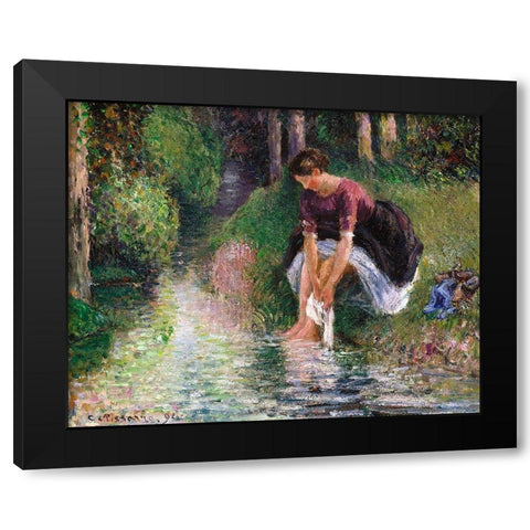 Woman Washing Her Feet in a Brook Black Modern Wood Framed Art Print by Pissarro, Camille