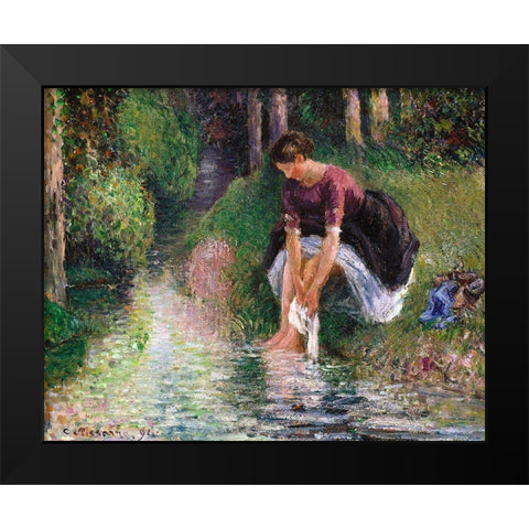 Woman Washing Her Feet in a Brook Black Modern Wood Framed Art Print by Pissarro, Camille