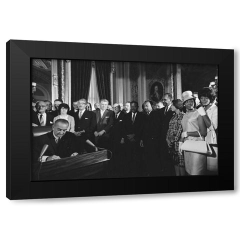 President Lyndon Johnson Signs the Voting Rights Act 1965 Black Modern Wood Framed Art Print with Double Matting by U.S. Archives