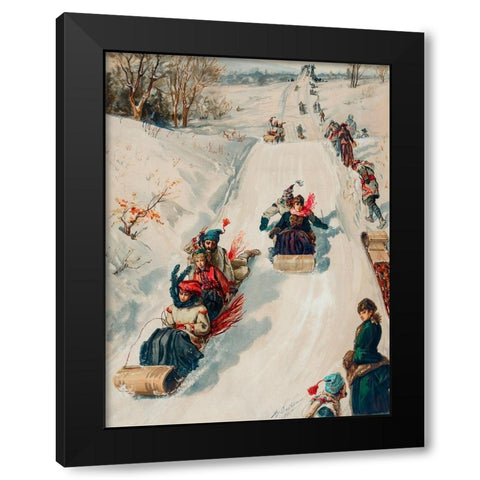 Tobogganing Black Modern Wood Framed Art Print with Double Matting by L. Prang & Co
