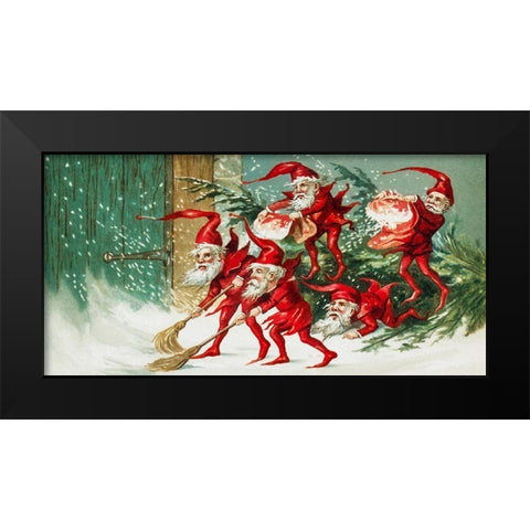 Santa elves sweeping snow  Black Modern Wood Framed Art Print by Wallach, Miriam and Ira D