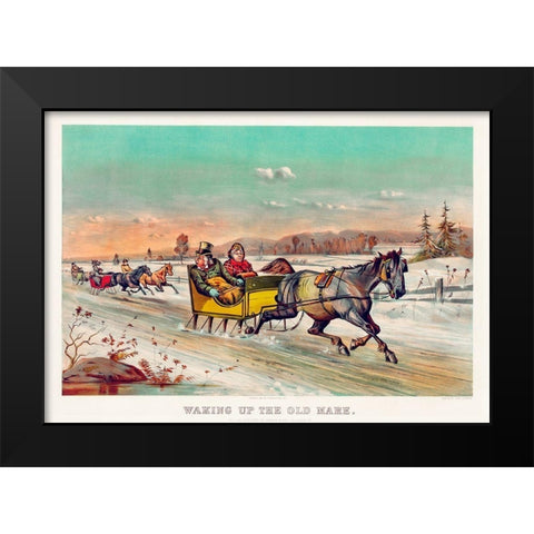 Waking up the old mare Black Modern Wood Framed Art Print by Currier & Ives