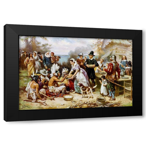 The First Thanksgiving, 1621 Black Modern Wood Framed Art Print with Double Matting by Ferris, Jean Leon Gerome