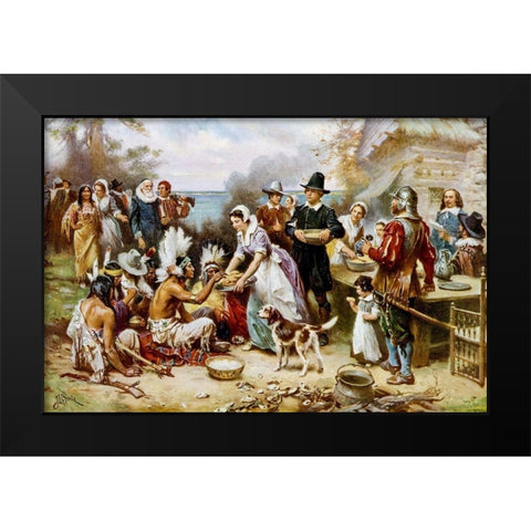 The First Thanksgiving, 1621 Black Modern Wood Framed Art Print by Ferris, Jean Leon Gerome