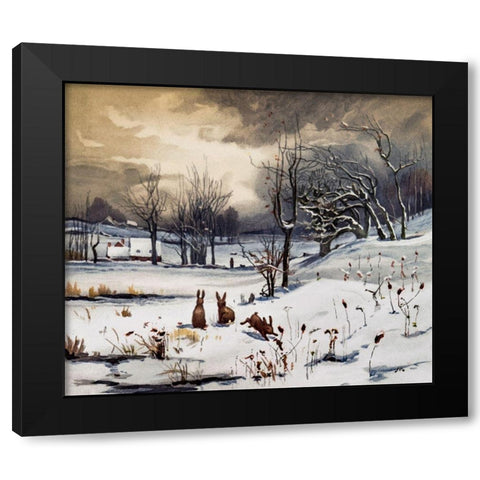 Winter Landscapes Rabbits Black Modern Wood Framed Art Print with Double Matting by L. Prang & Co