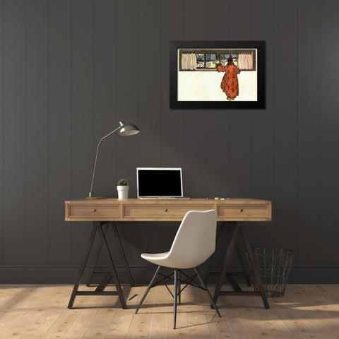 Man Looking out the Window to See Christmas Reindeer Carriage Black Modern Wood Framed Art Print by Smith, Jessie Wilcox