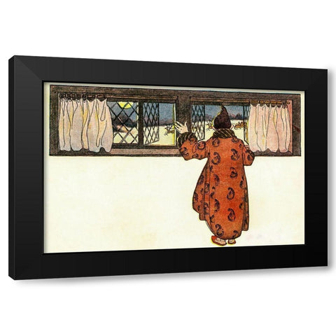 Man Looking out the Window to See Christmas Reindeer Carriage Black Modern Wood Framed Art Print with Double Matting by Smith, Jessie Wilcox