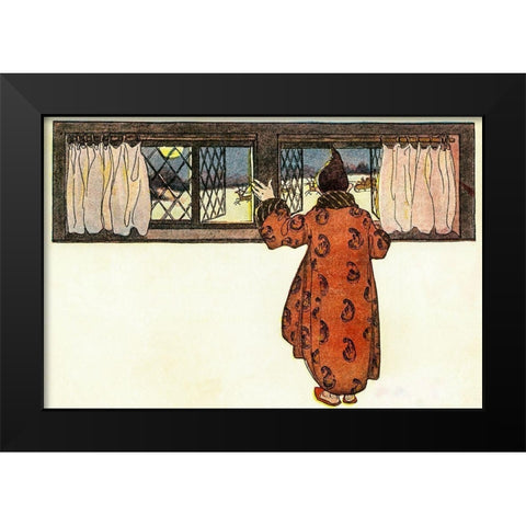 Man Looking out the Window to See Christmas Reindeer Carriage Black Modern Wood Framed Art Print by Smith, Jessie Wilcox