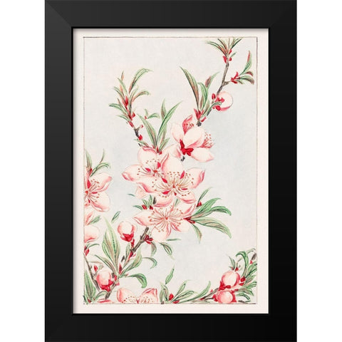 Peach tree branches with leaves and blossoms Black Modern Wood Framed Art Print by Morikaga, Megata