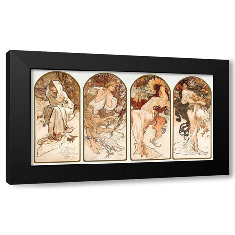 The Seasons Black Modern Wood Framed Art Print with Double Matting by Mucha, Alphonse