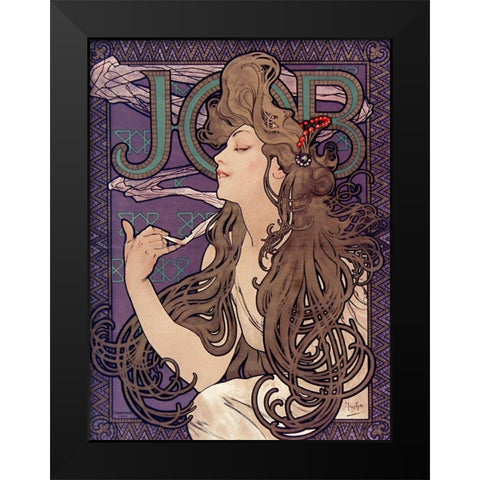 Advertisement for Job cigarettes Black Modern Wood Framed Art Print by Mucha, Alphonse