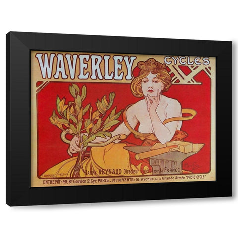 Cycles Waverley Black Modern Wood Framed Art Print with Double Matting by Mucha, Alphonse