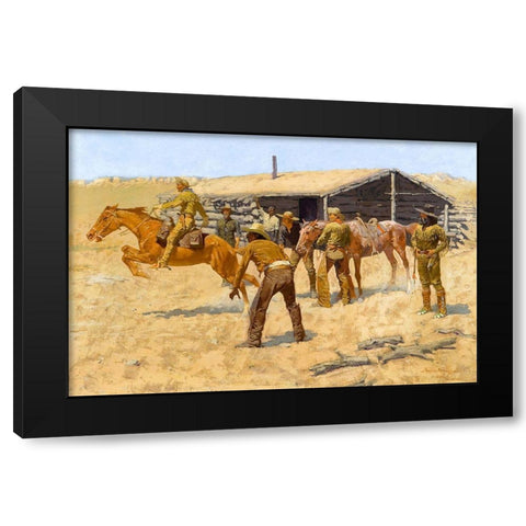 The coming and going of the pony express Black Modern Wood Framed Art Print by Remington, Frederic