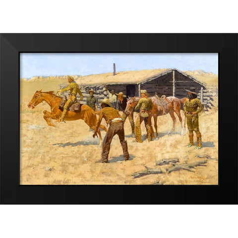 The coming and going of the pony express Black Modern Wood Framed Art Print by Remington, Frederic