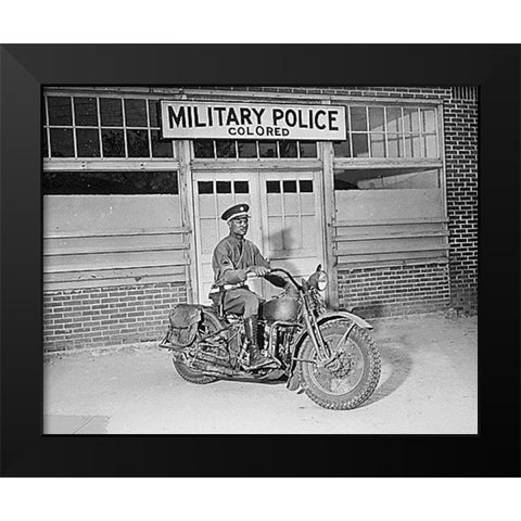 WWII An MP on motorcycle stands ready to answer all calls around his area. Columbus-Georgia Black Modern Wood Framed Art Print by U.S. Archives