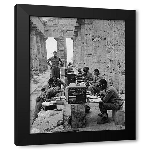 WWII 480th Port Battalion Set Up Between the Columns of the Ancient Greek Temple of Neptune Black Modern Wood Framed Art Print with Double Matting by U.S. Archives