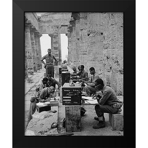 WWII 480th Port Battalion Set Up Between the Columns of the Ancient Greek Temple of Neptune Black Modern Wood Framed Art Print by U.S. Archives