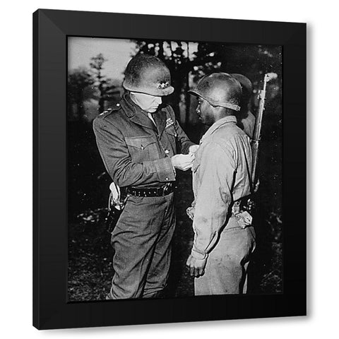 WWII Lt. Gen. George S. Patton-U.S. Third Army commander-pins the Silver Star on Private Ernest A. J Black Modern Wood Framed Art Print with Double Matting by U.S. Archives
