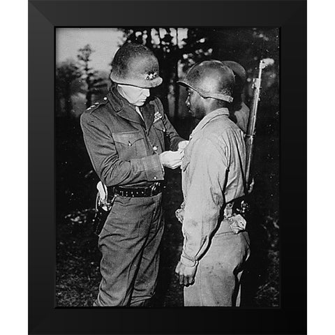 WWII Lt. Gen. George S. Patton-U.S. Third Army commander-pins the Silver Star on Private Ernest A. J Black Modern Wood Framed Art Print by U.S. Archives