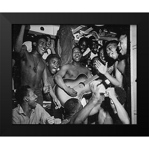 WWII men aboard the U.S.S. Ticonderoga hear the news of Japans surrender Black Modern Wood Framed Art Print by U.S. Archives