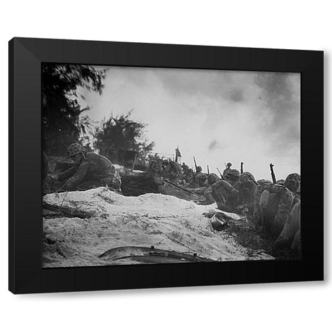 WWII assault troops await orders D-day at Saipan in the Marianas Black Modern Wood Framed Art Print with Double Matting by U.S. Archives